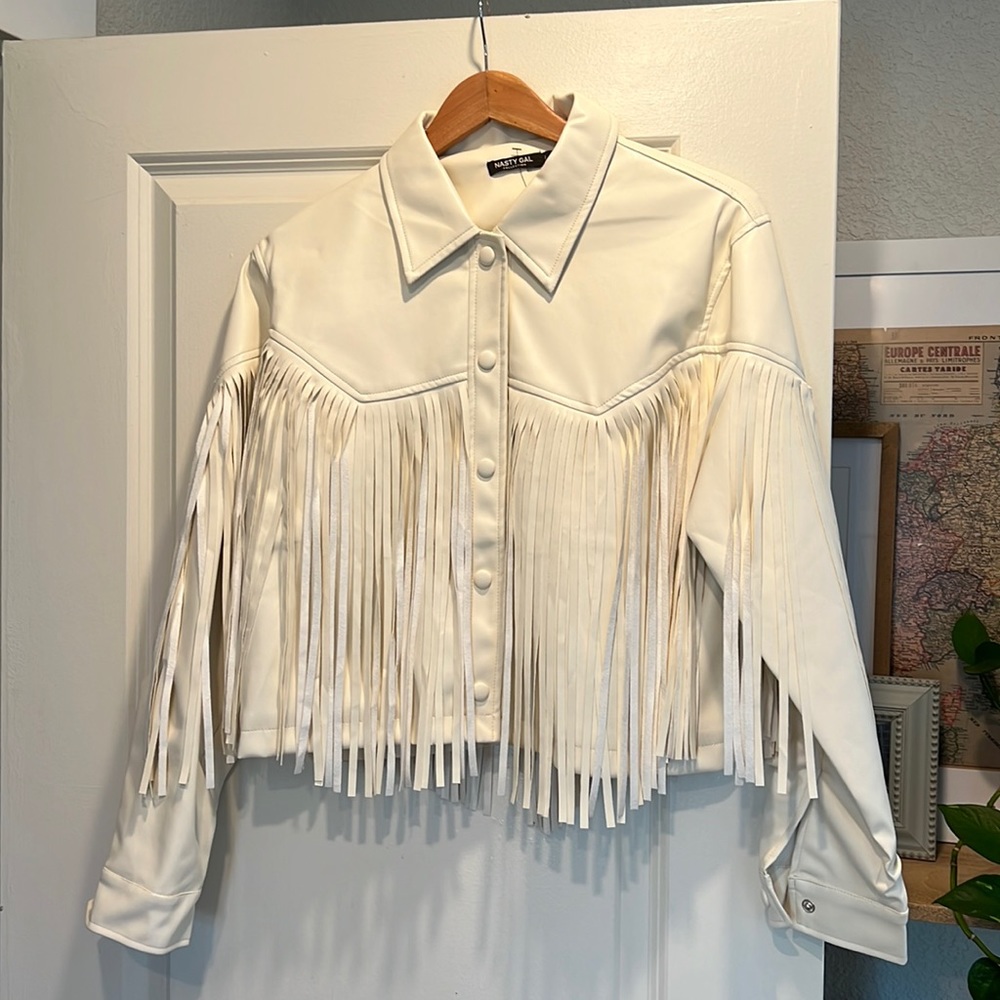 Cream fringe faux leather jacket